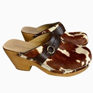 Nine West Women's Cow Print Studded Brown and Cream Mule Clogs